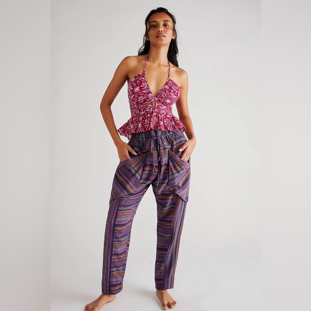 Free People Sweet Escape High Waist Harem Woven Striped Pants Pouch Pockets XS